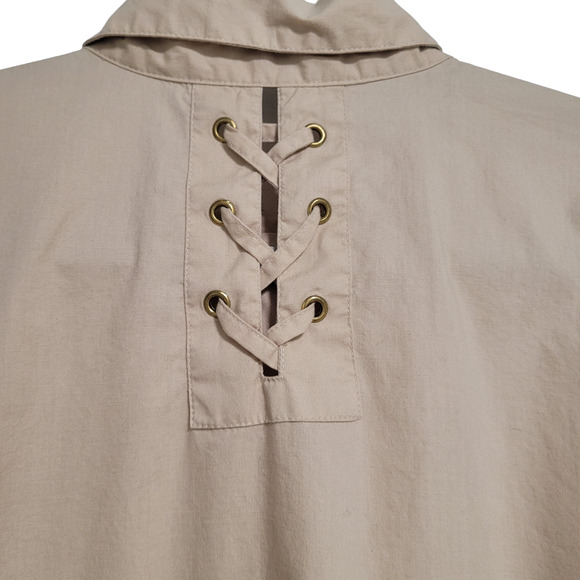 New Directions Tan 3/4 Sleeve Asymmetrical Tunic Collar Button Up Laced Medium - Picture 5 of 6